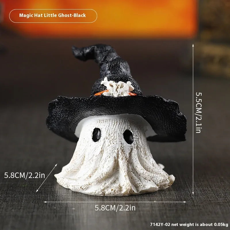 Resin wizard hat ghost ornament in black or purple for holiday decoration.