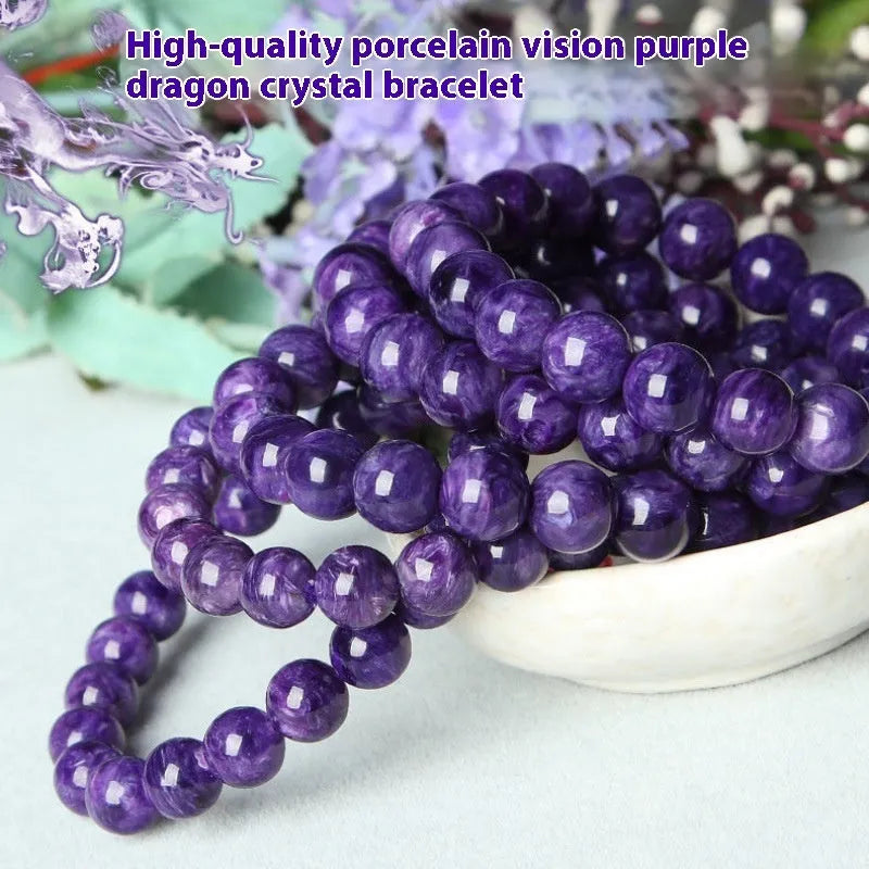 Natural transparent charoite crystal bracelet with platinum elements in four bead sizes