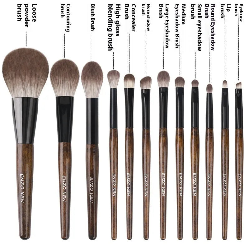 12 piece makeup brush set with wooden handles and powder foundation brush in PU storage bag