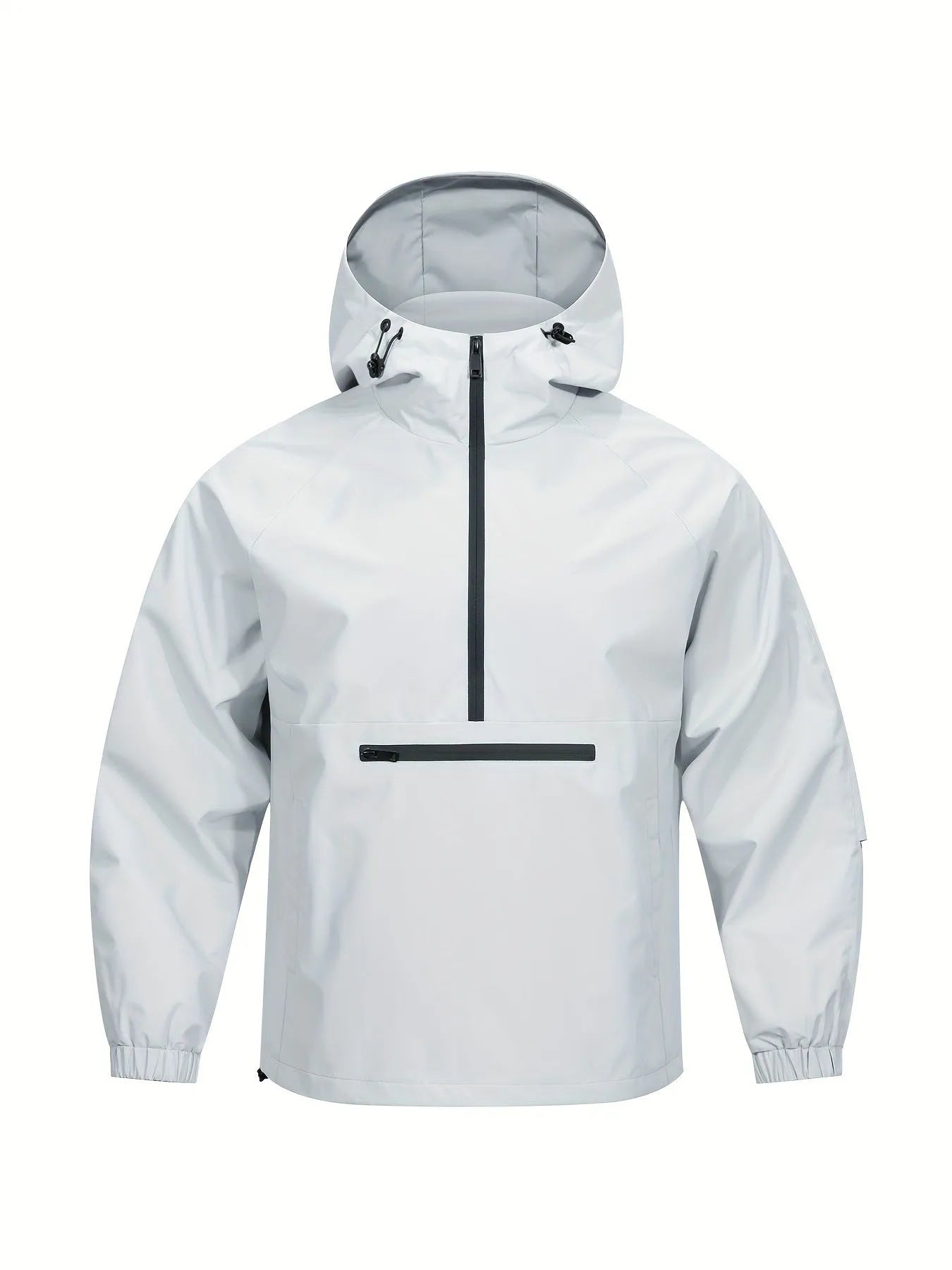 Men's loose grey corduroy half-zip hooded sweater jacket with rabbit fur fabric on a hanger