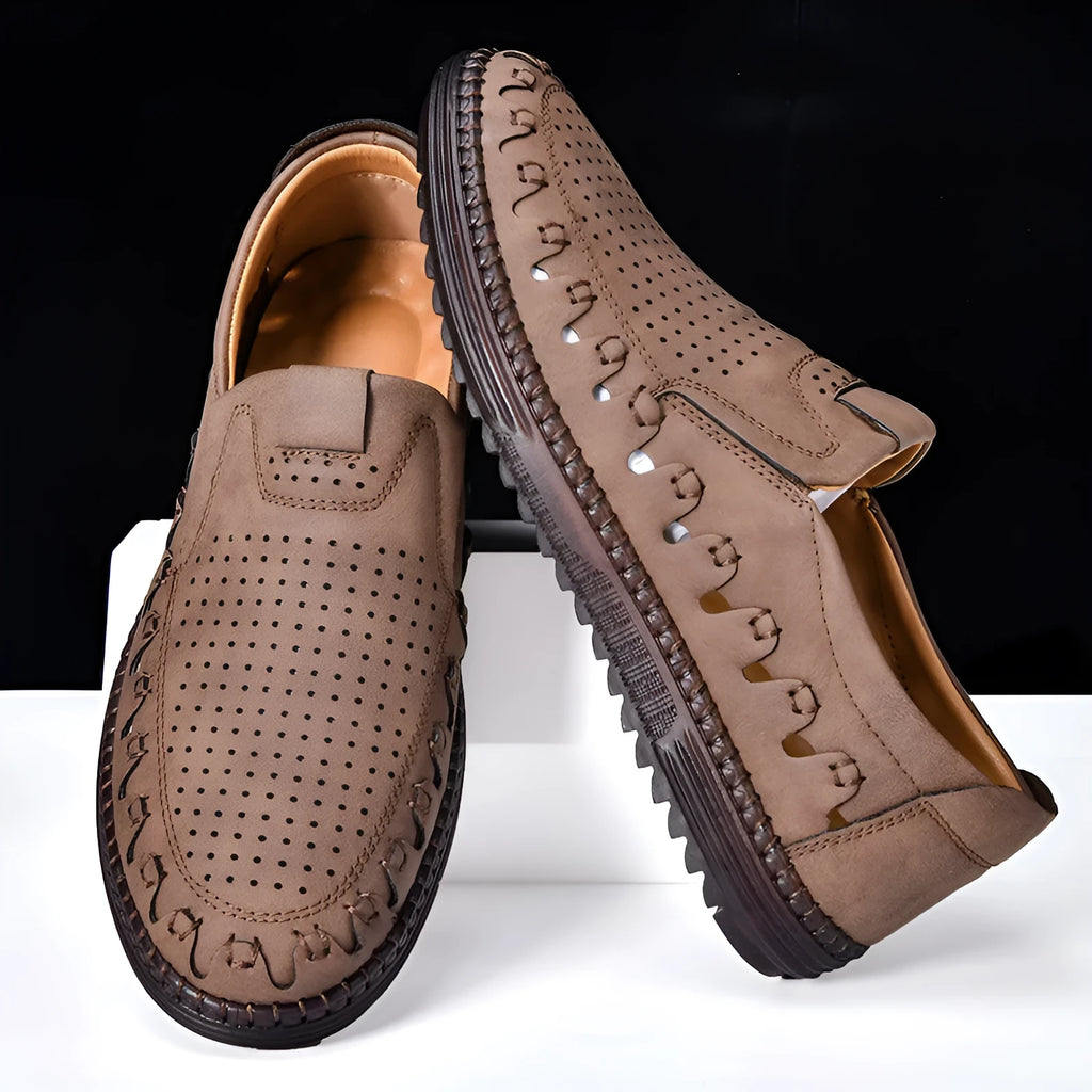 Men's brown slip-on casual shoes with round toe and low-top design