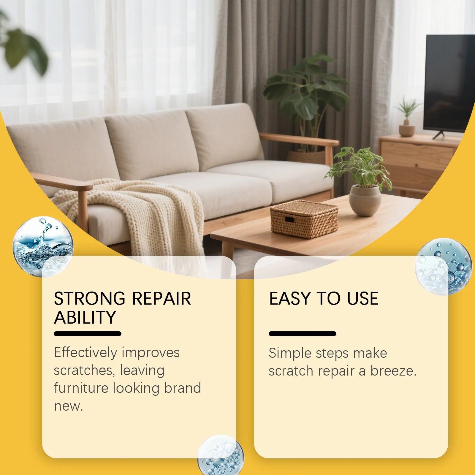 Wooden furniture scratch care solution kit with 100ml bottle and 20x20cm application cloth