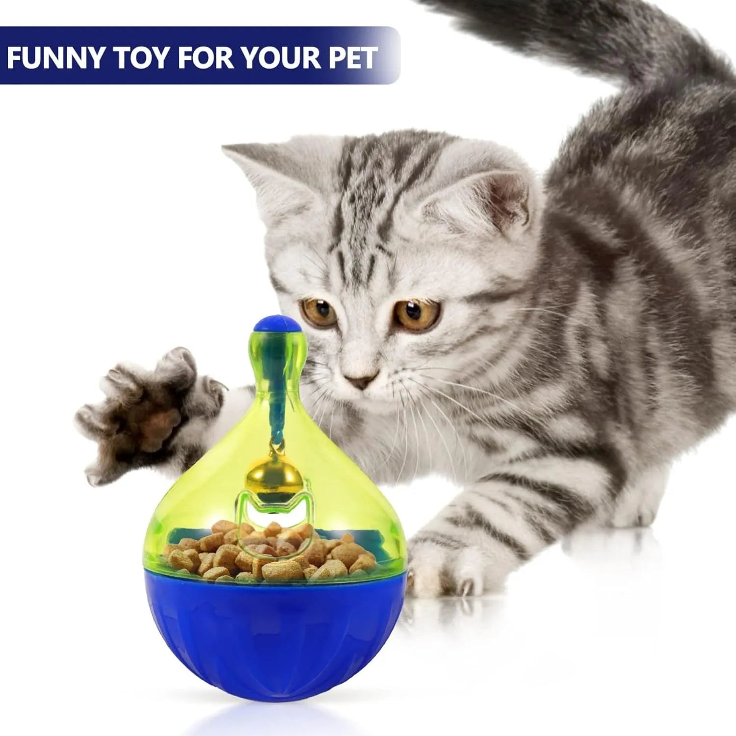 Interactive pet treat dispenser tumbler toy for dogs and cats showing rolling ball design