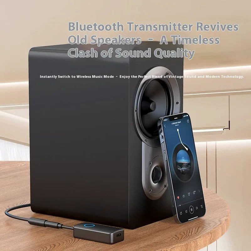 Black Bluetooth 5.4 audio adapter with flexible 3.5mm plug for wireless connectivity