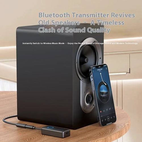 Black Bluetooth 5.4 audio adapter with flexible 3.5mm plug for wireless connectivity