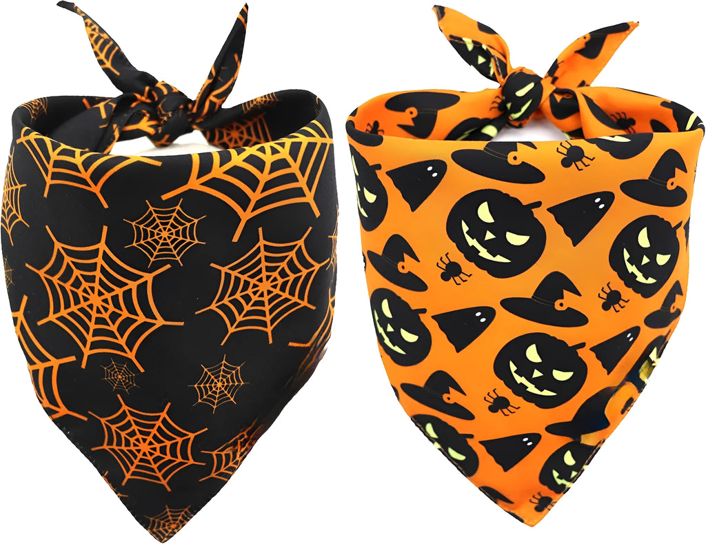 Halloween dog bandana showing reversible pumpkin and spider web patterns with adjustable neck closure