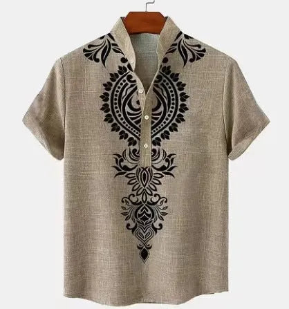 Men's striped casual linen-style shirt with personalised buttons on a hanger