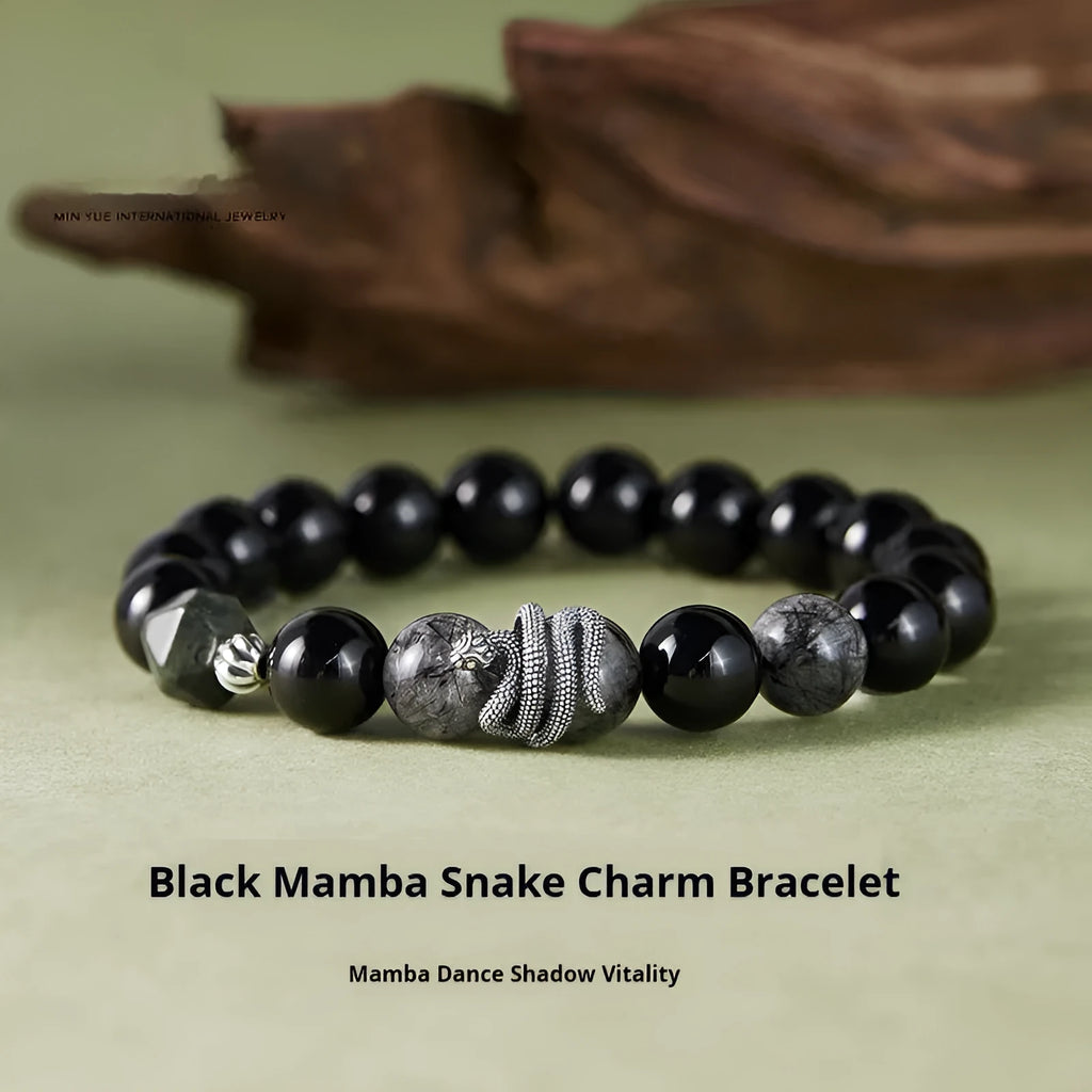 Men's S925 sterling silver snake bracelet with obsidian black crystal hair, 10mm width, retro zodiac style