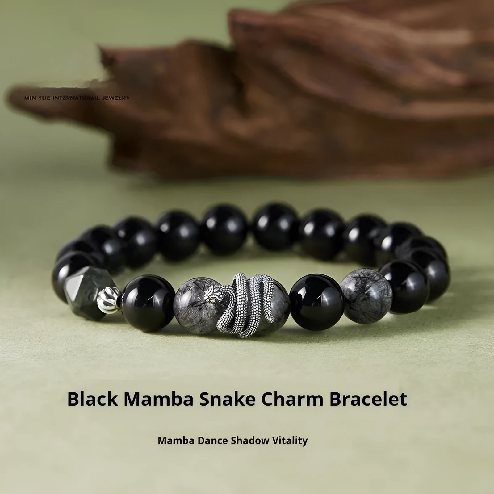 Men's S925 sterling silver snake bracelet with obsidian black crystal hair, 10mm width, retro zodiac style