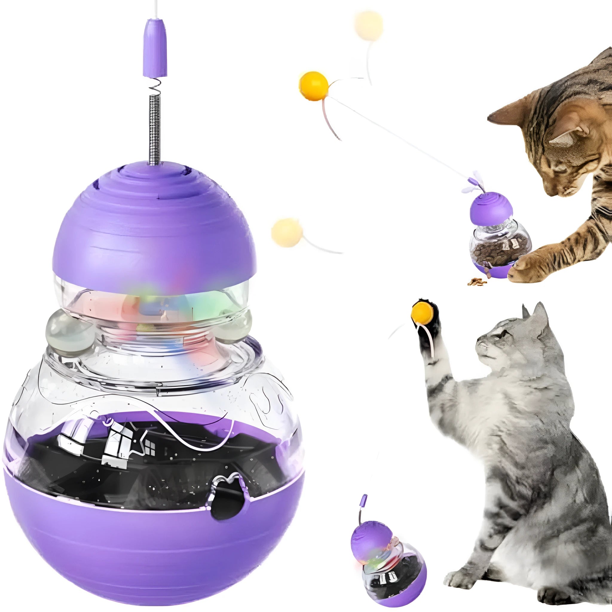 Interactive cat wand toy with slow feed dispenser in yellow colour with bouncing teaser and light-up balls