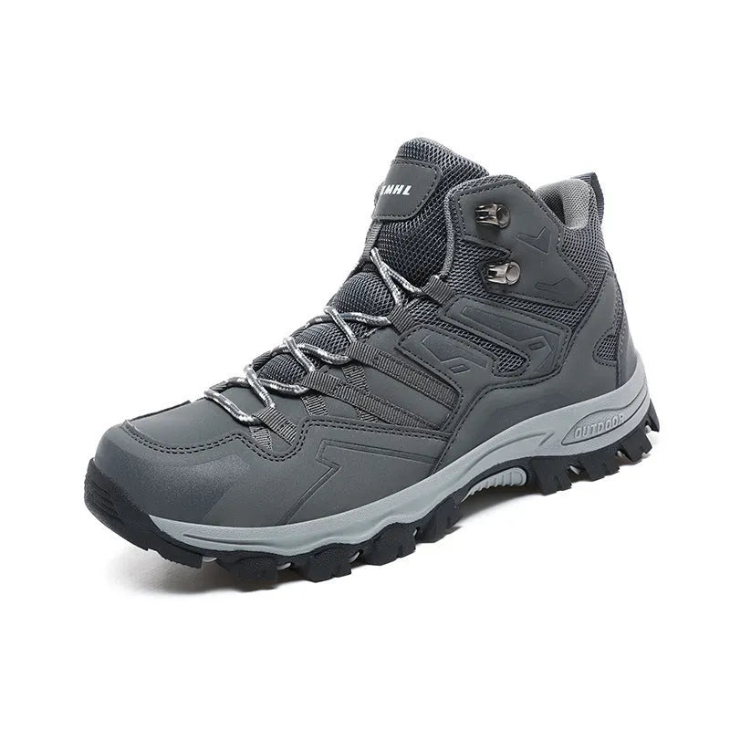 High-top hiking shoes with flannel upper and rubber soles in various colours for outdoor walking
