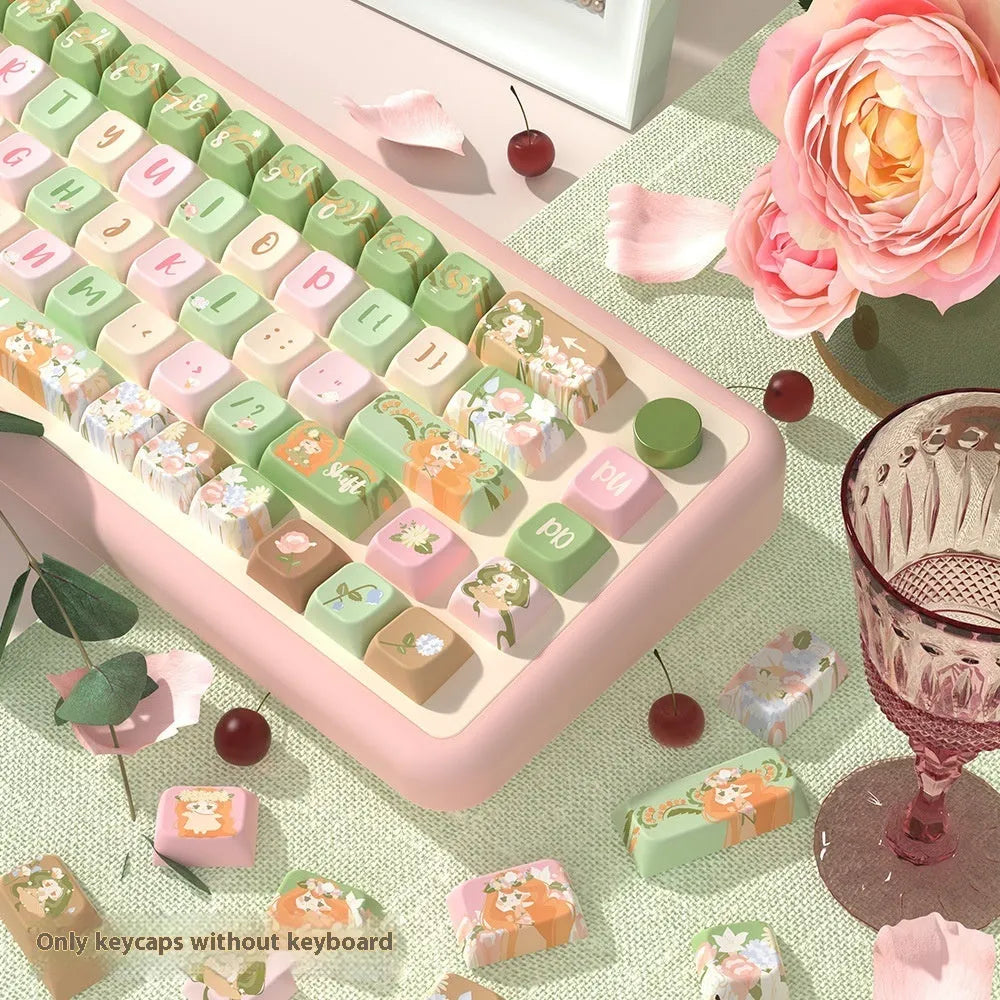 Custom printed Summer Garden theme mechanical keyboard keycaps, showing 138-key and 158-key set options.