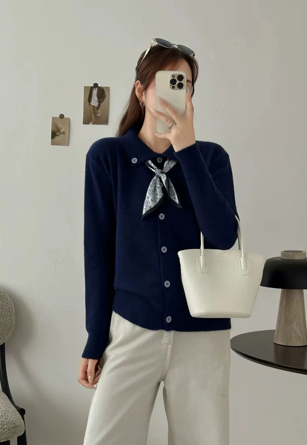 Women's lapel scarf sweater cardigan in acrylic fibre available in four neutral colours