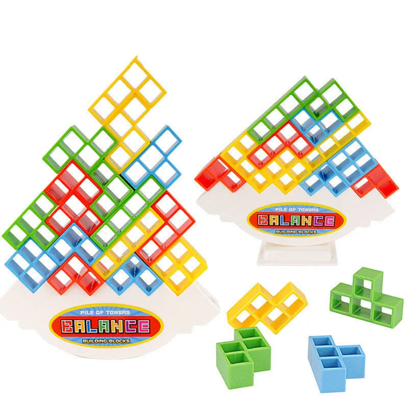 Plastic balance stacking game with 16 colourful building blocks, chassis, and base on a 26.5cm board.