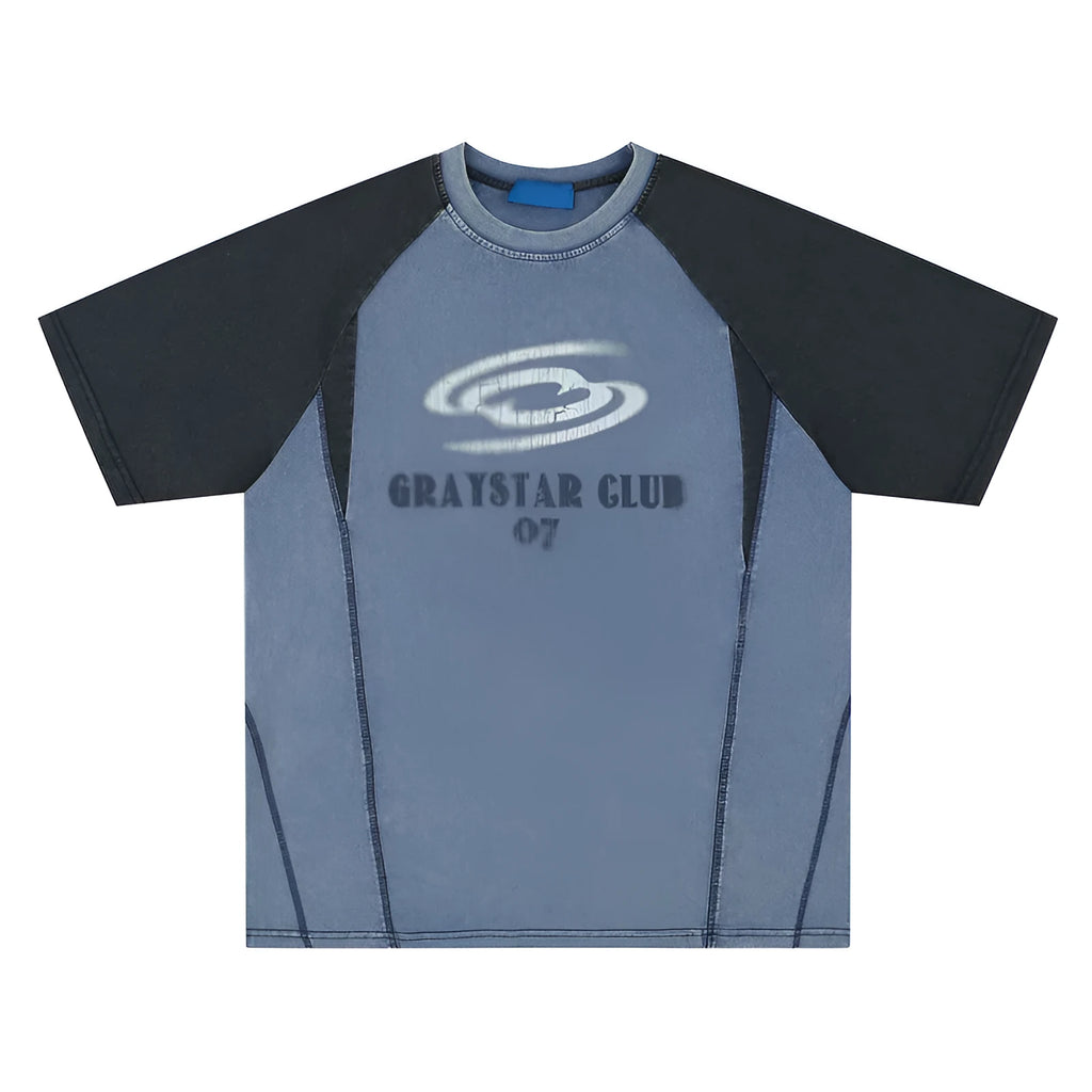Men's blue hip hop letter print t-shirt with raglan sleeves and loose fit cotton construction