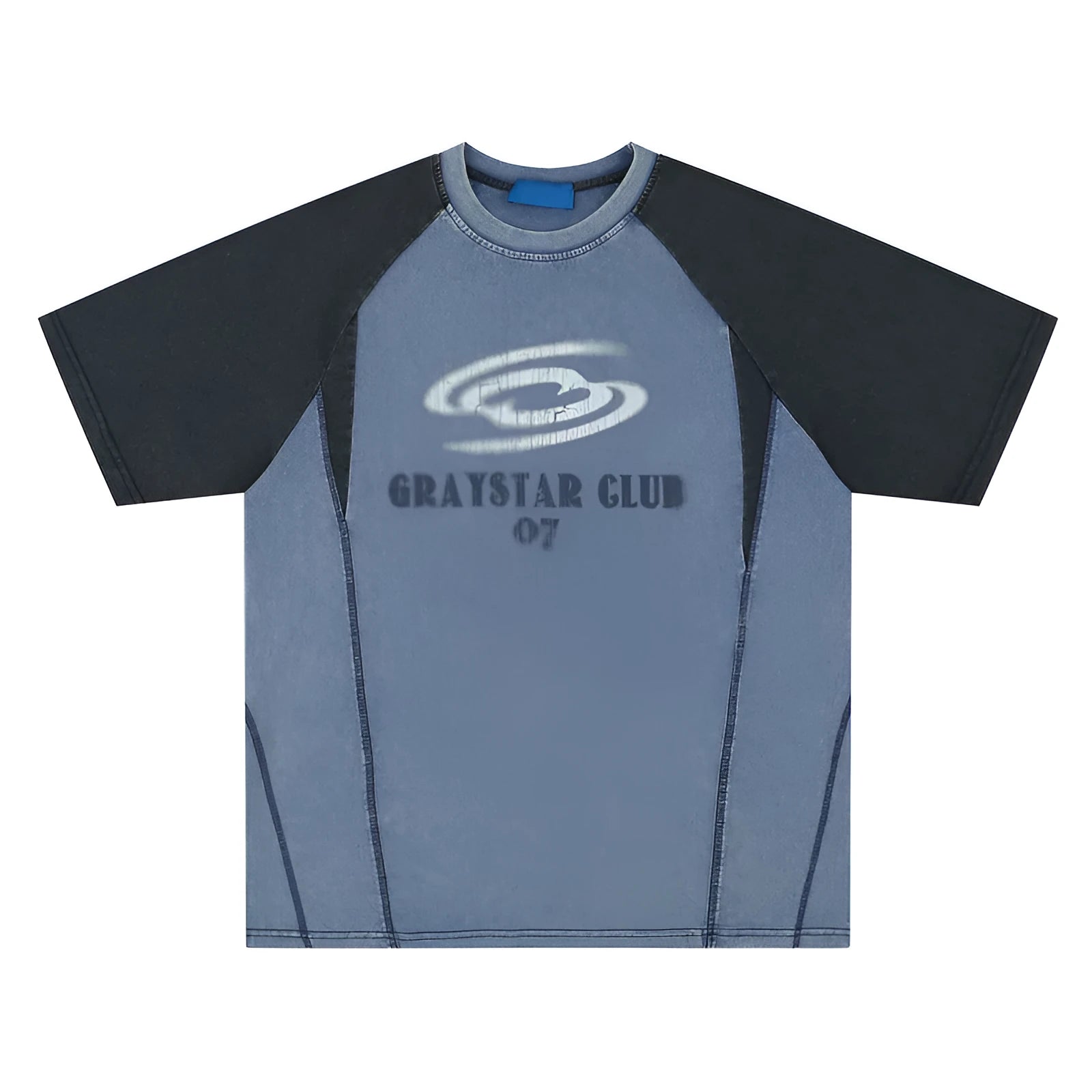 Men's blue hip hop letter print t-shirt with raglan sleeves and loose fit cotton construction