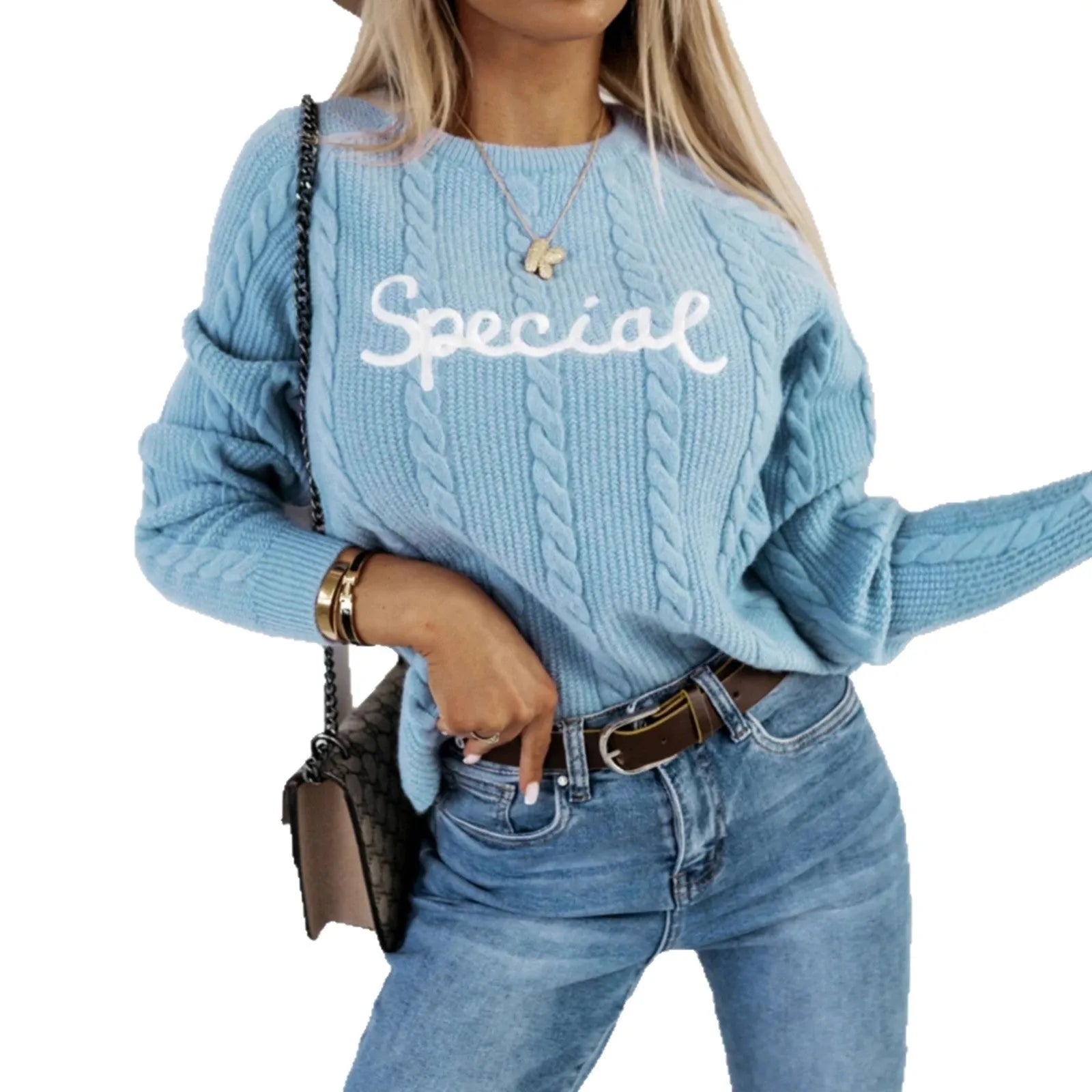 Blue leisure pullover sweater with white embroidered lettering and numbers on the front.