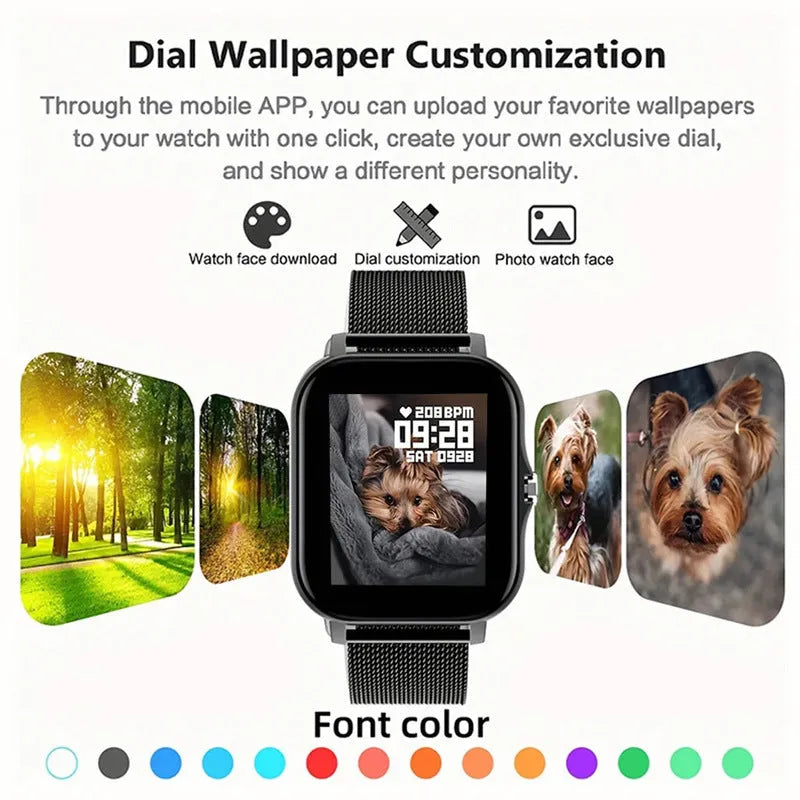Smart watch with 1.44-inch touch screen showing interface, on a silicone wrist strap.