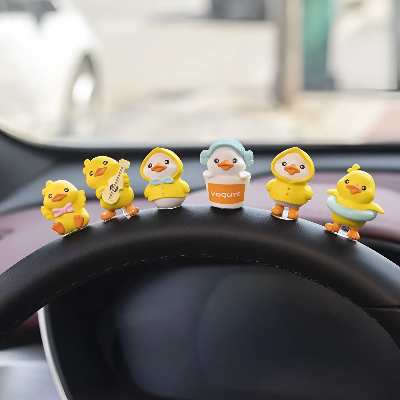 PVC duckling car decoration set with six cartoon ducks and welcome sign for vehicle interiors