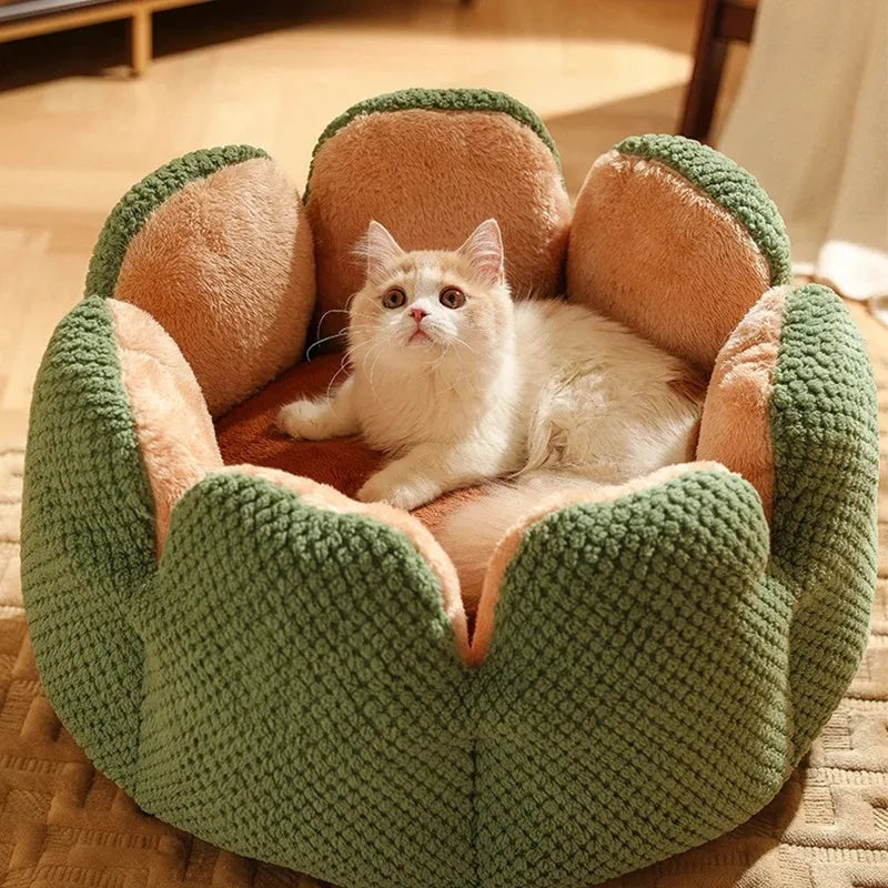 Green cactus petal shaped pet bed with non-slip bottom for cats and small dogs