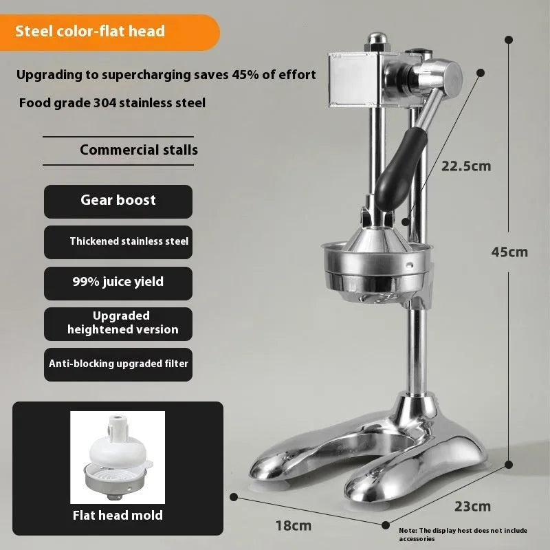 Stainless steel manual vertical juicer on a countertop, showing options for black, silver, orange, white, and electroplated finishes with pointed, flat, and double head tips.