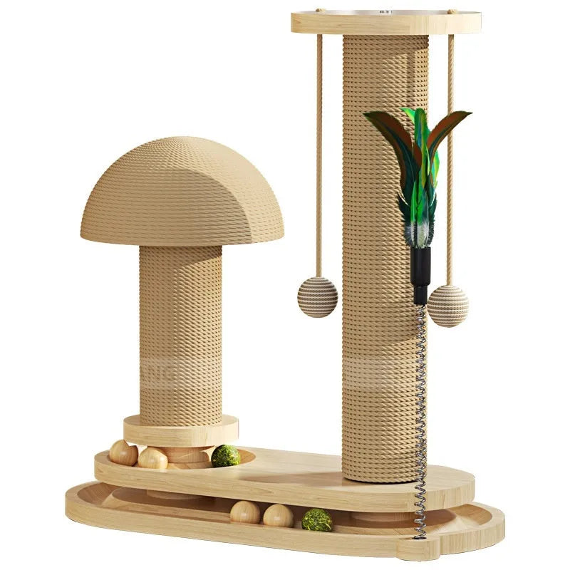 Solid wood cat scratching post with turntable climbing frame in multiple design variations