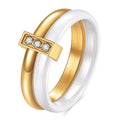 Geometric ceramic women's ring with glossy stitching and zirconium inlay in Steel Black finish