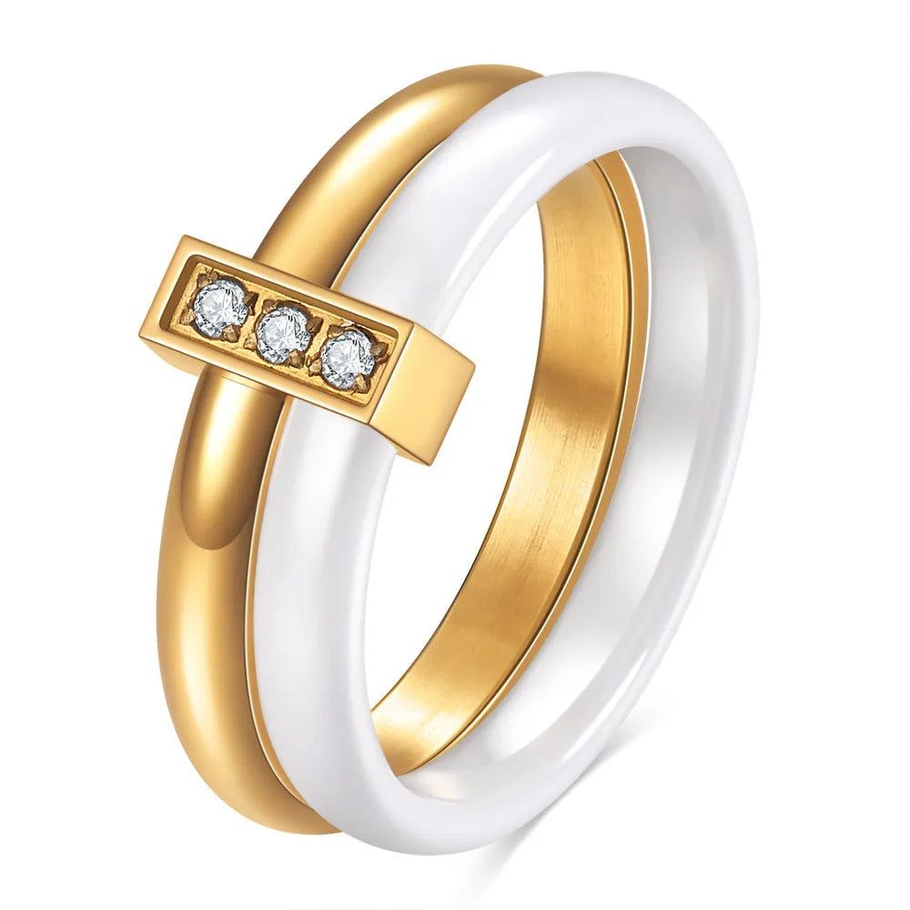 Geometric ceramic women's ring with glossy stitching and zirconium inlay in Steel Black finish