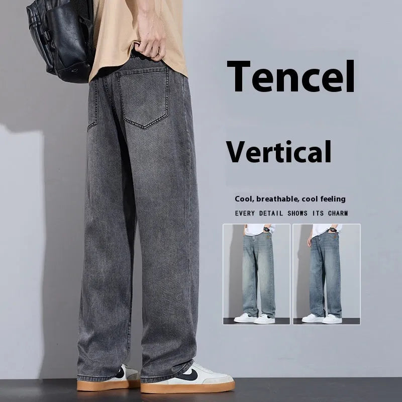 Straight-leg trousers in thin ice silk denim with wide-leg casual styling and zip fly