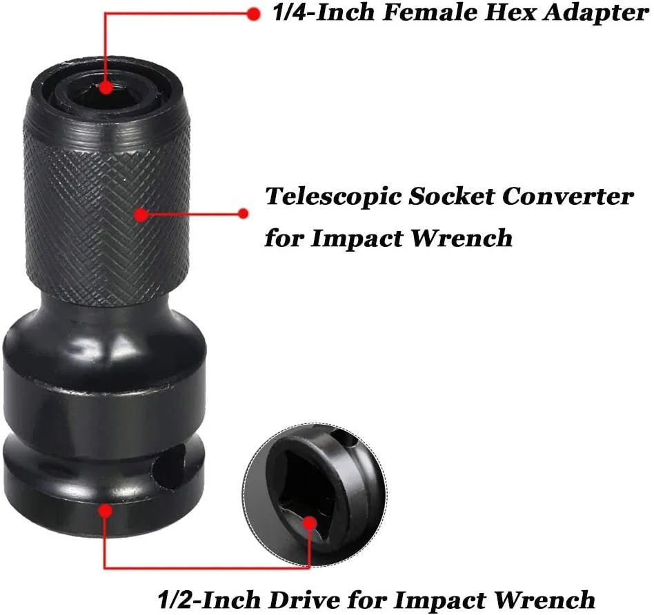 Hexagonal handle scaling bit holder with telescopic sleeve for 1/2 to 1/4 inch drive conversion