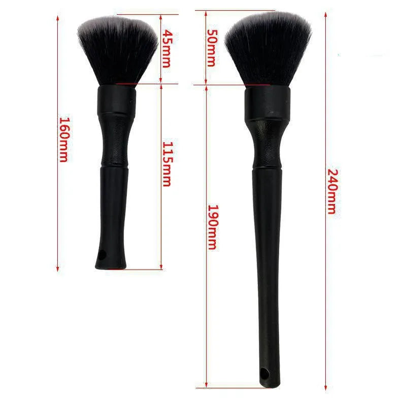 Black car detailing brush with super soft pig hair bristles shown in large and small sizes.
