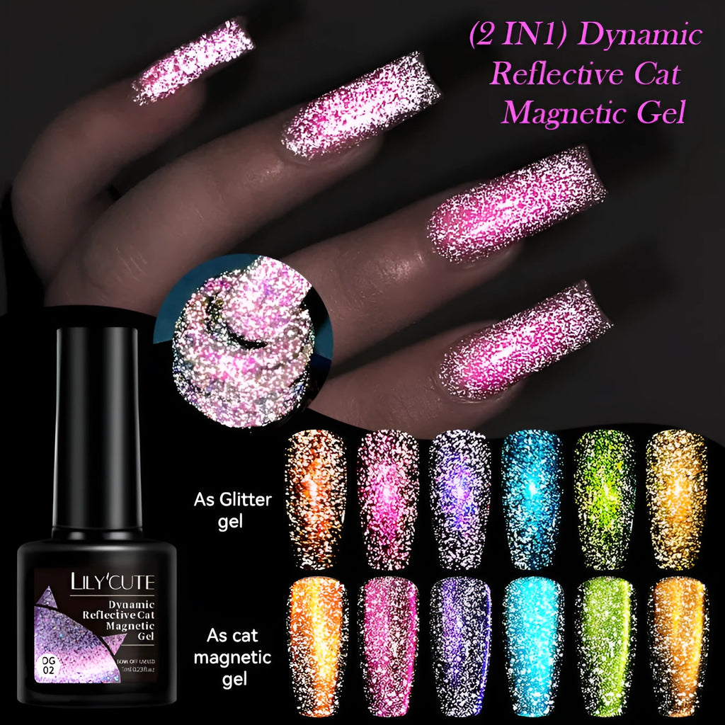 Cat eye series nail polish gel bottles showing diamond glitter and fragment designs in six colour options
