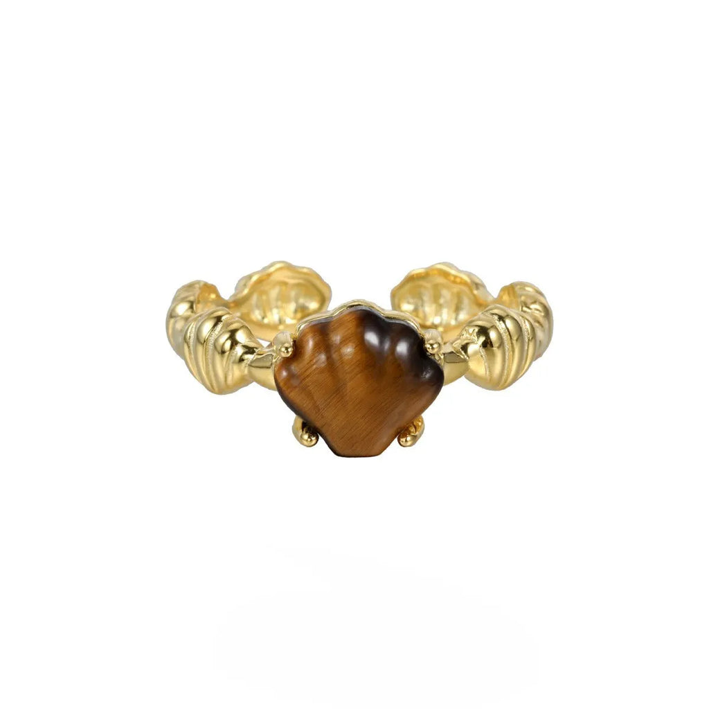 Adjustable silver ring with shell and tiger eye design in white gold or 18K gold electroplated finish