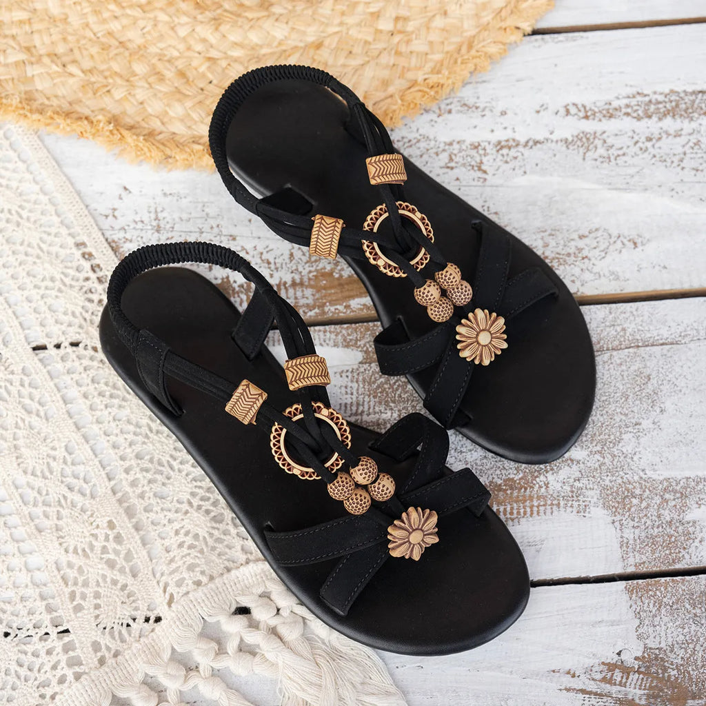 Black ethnic style women's flat beach sandals with beaded weave and rhinestone decoration