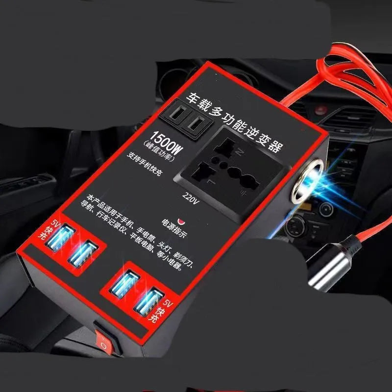 Black automotive power converter transforming 12V/24V car electricity to 220V AC with USB charging ports