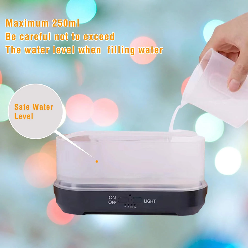 Colourful snowflake wood grain aromatherapy humidifier with flame effect lighting on a desktop