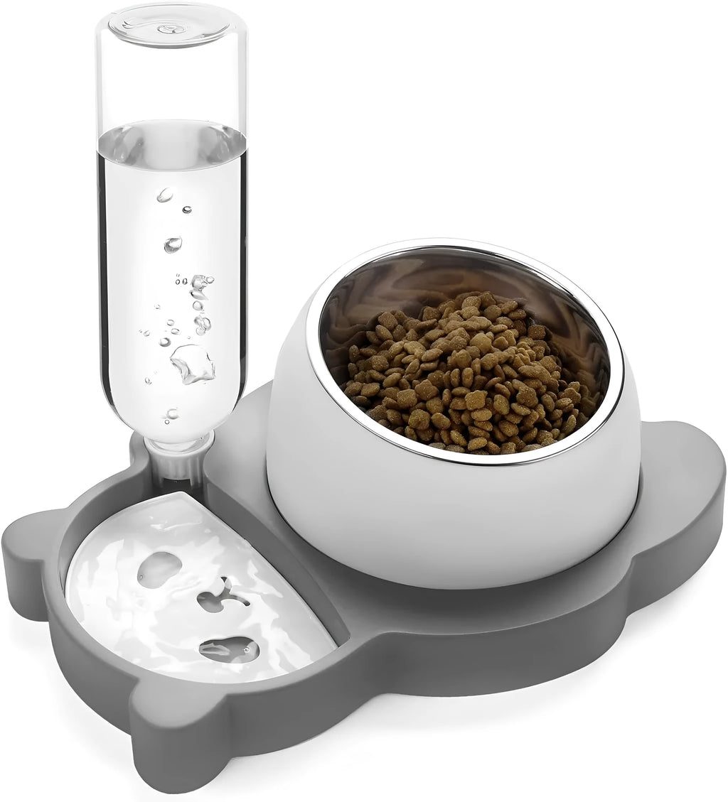Grey and green panda-shaped automatic pet feeder with tilted stainless steel bowls and water bottle.