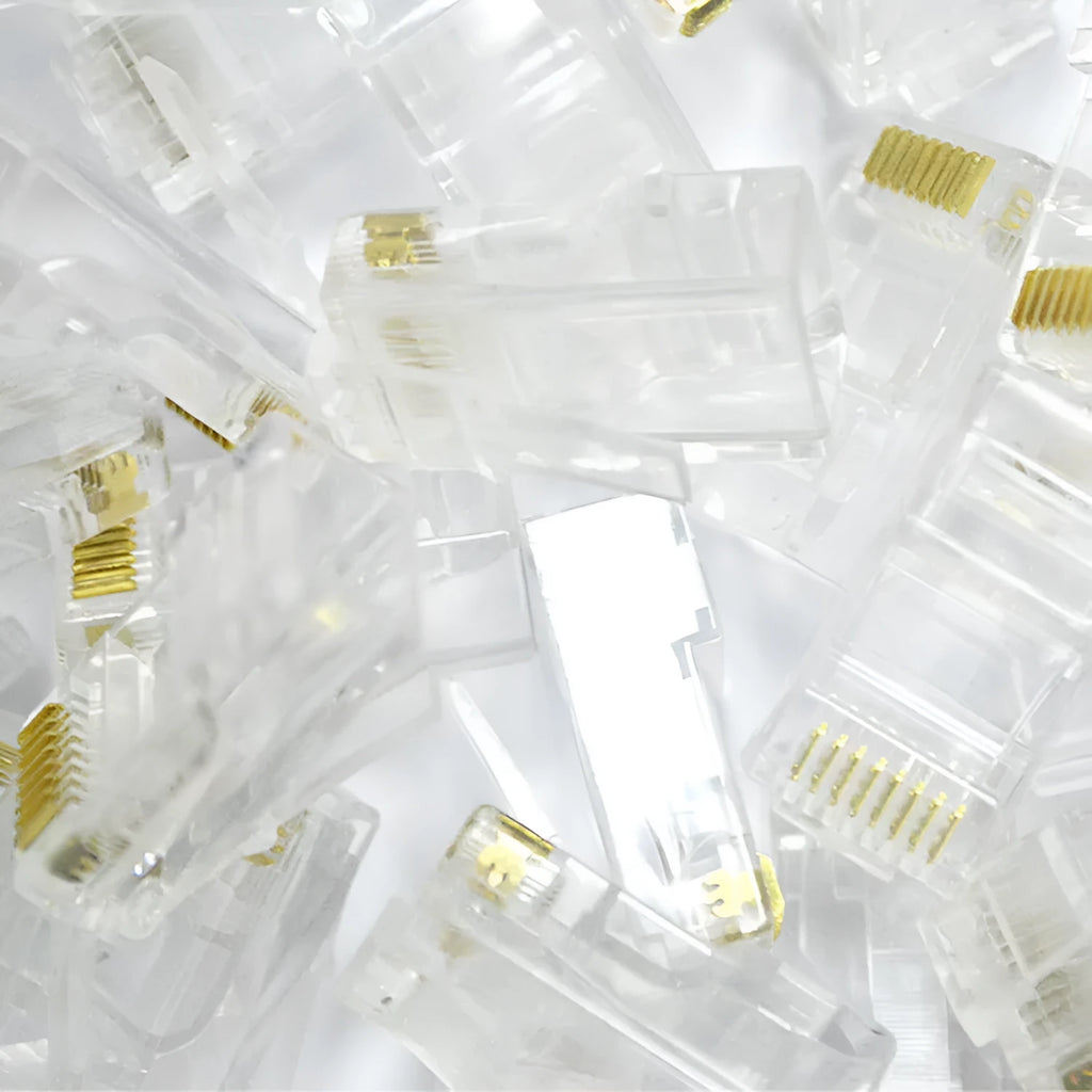 White network crystal head modular plug with gold-plated three-fork contacts and all copper insert construction