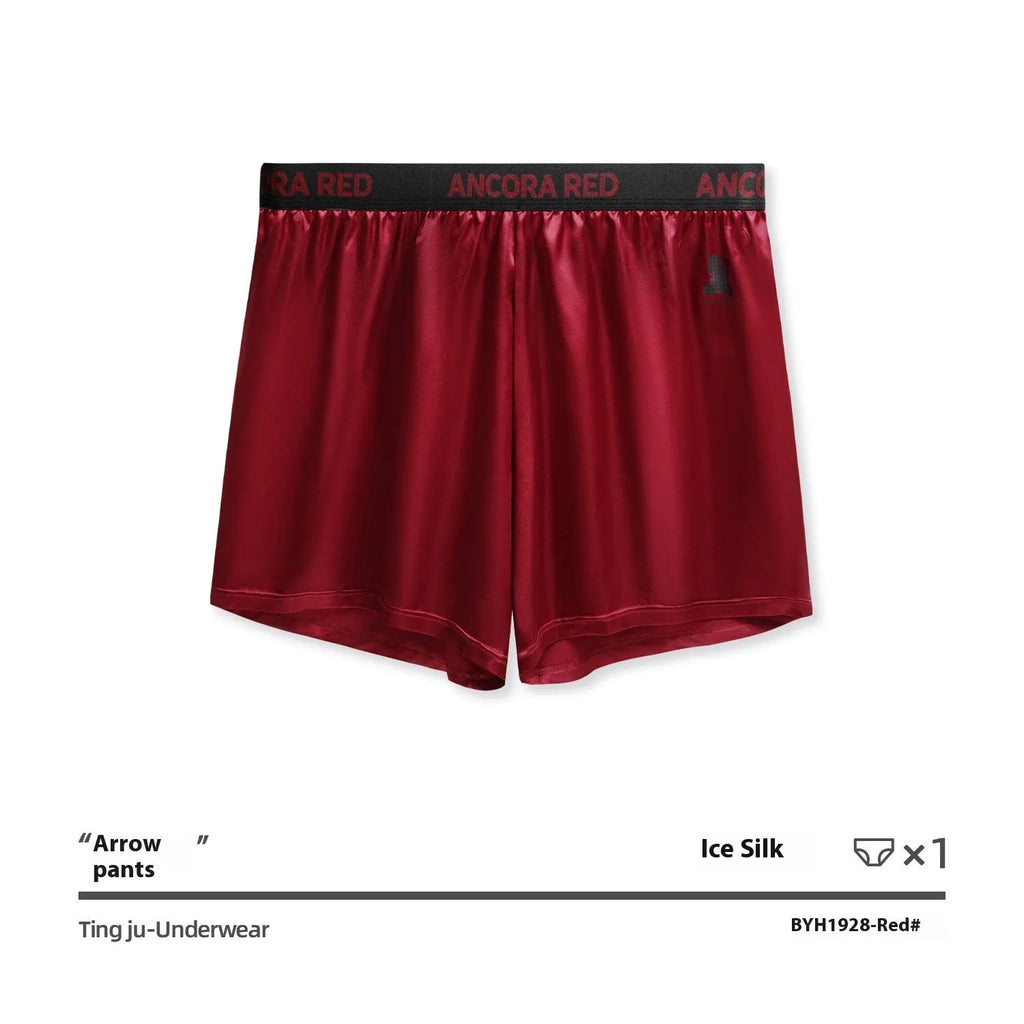 Men's solid colour knitted polyester boxer briefs on a mid-waist model, showing colour options black, blue, red, silver, purple, and brown.