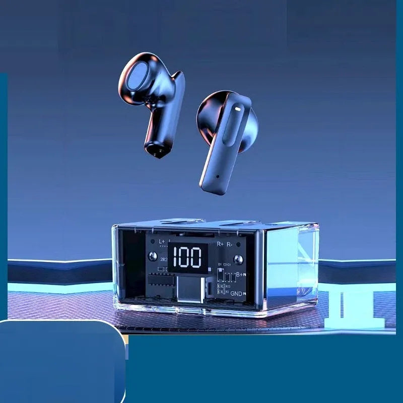 Transparent space capsule true wireless Bluetooth headset with digital display and plastic case in various colours