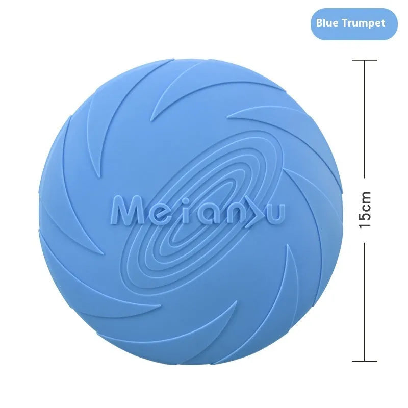 Soft rubber dog frisbee flying disc toy shown in blue, available in small, medium, and large sizes.