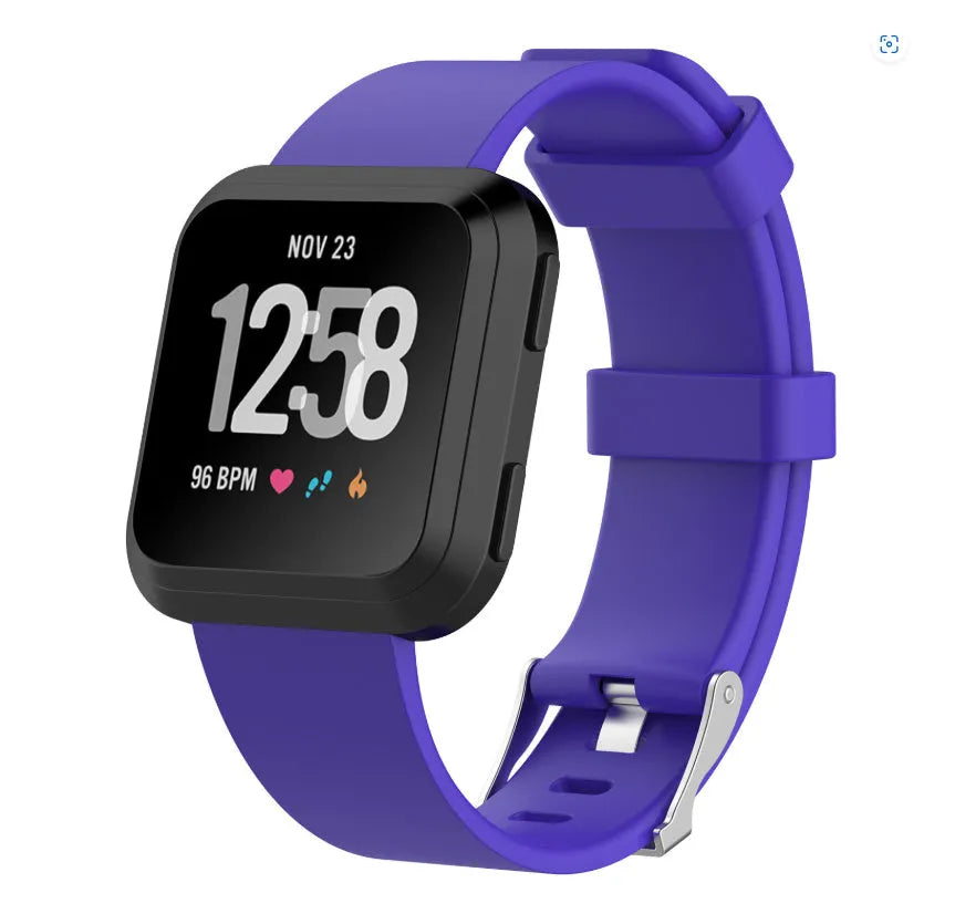 Fitbit Versa Lite TPE replacement watch strap showing colour options and sizing measurements