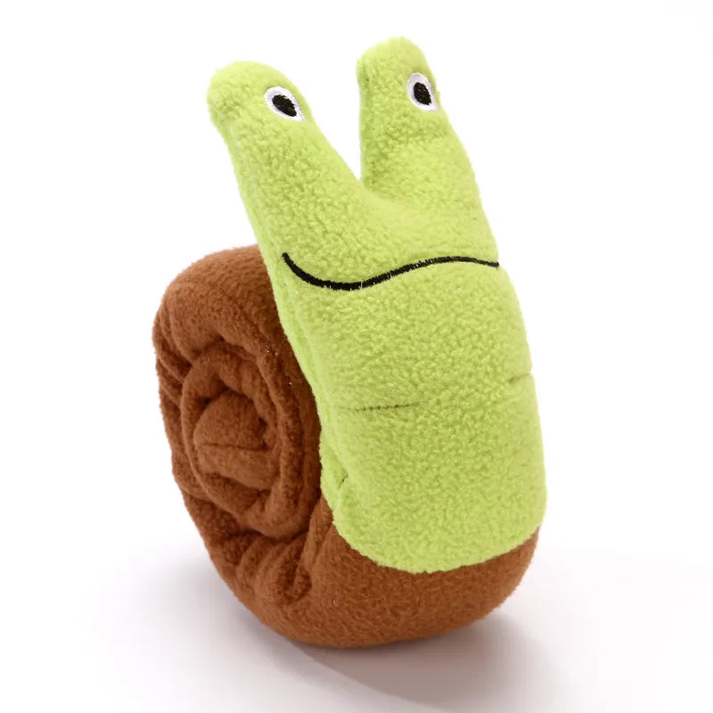 Transformable dog puzzle toy in snail shape with thick velvet material and hidden food holes