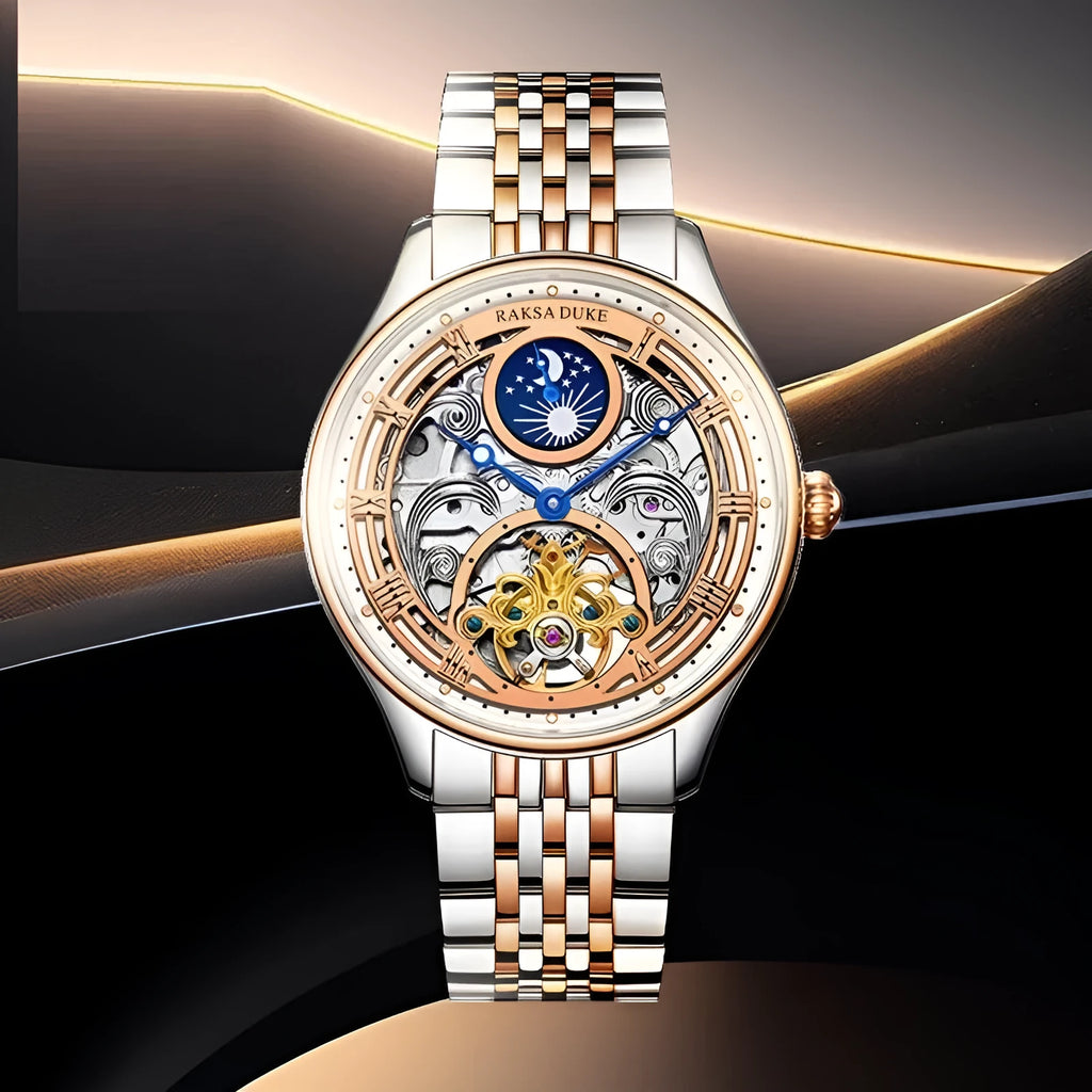 Business waterproof watch with hollow design steel case and matching steel strap, Duke Rosa colour scheme