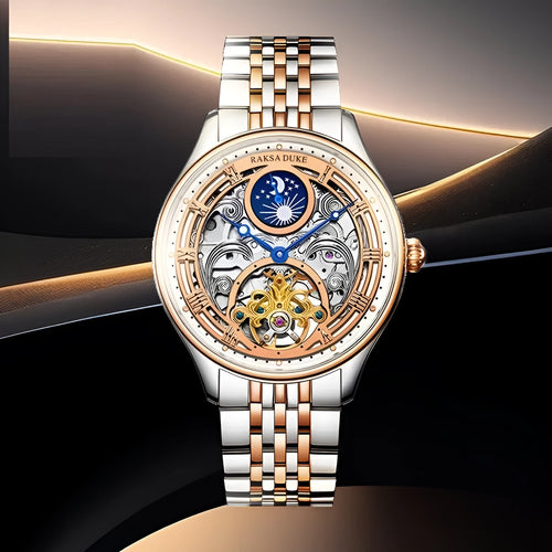Business waterproof watch with hollow design steel case and matching steel strap, Duke Rosa colour scheme