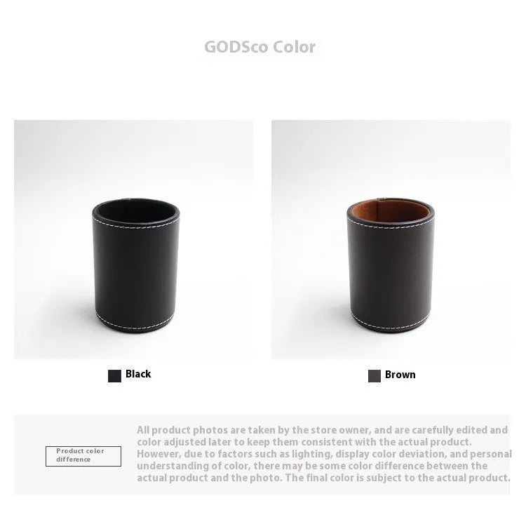 Round black leather pen holder on a desk