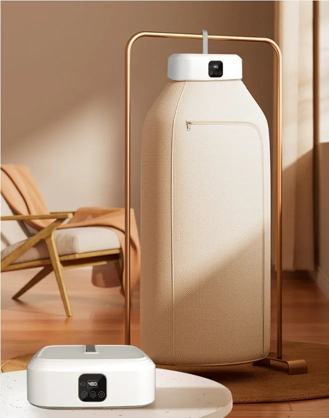 White cylindrical remote control clothes dryer with compact foldable design