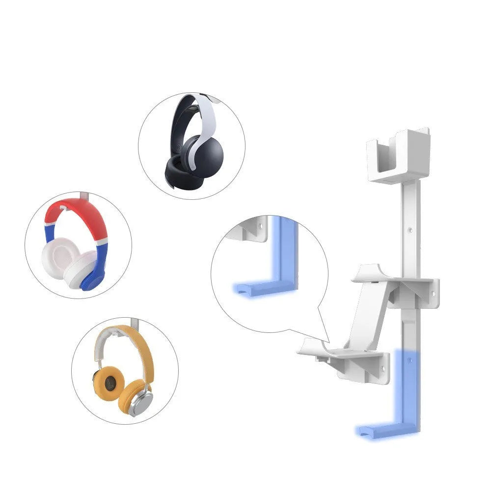 White wall-mounted hook holding PlayStation controller and headphones