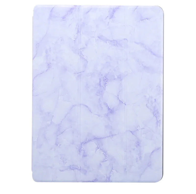 Imitation leather iPad tri-fold case with marbling pattern and built-in pen slot, shown in dark grey.