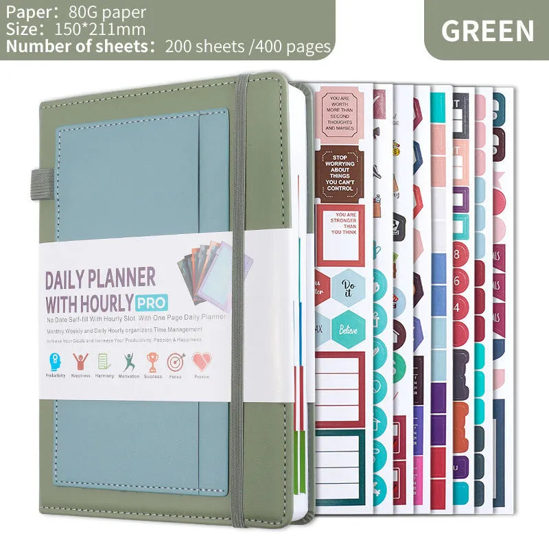 Self-filled no-date notebook with thread binding, showing PU cover in purple with planning stickers